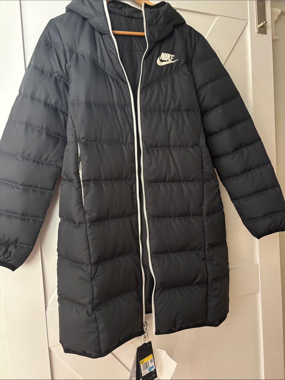 Nike Women's Black Long Hooded Down Puffer Jacket reversible